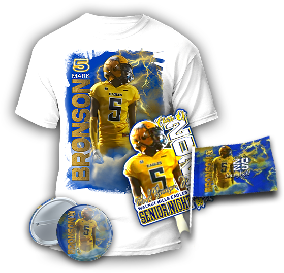 Sports Bundle includes 10 Tshirts, 10 Button Pins, Your Choice of 10 Senior Fans or 10 Flags