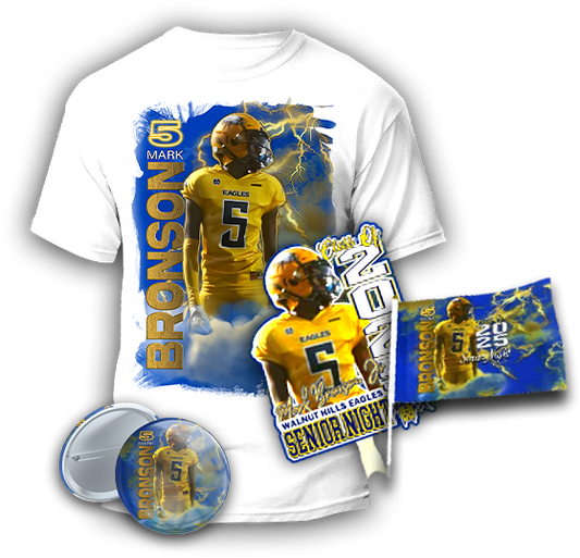 Sports Bundle includes 10 Tshirts, 10 Button Pins, Your Choice of 10 Senior Fans or 10 Flags