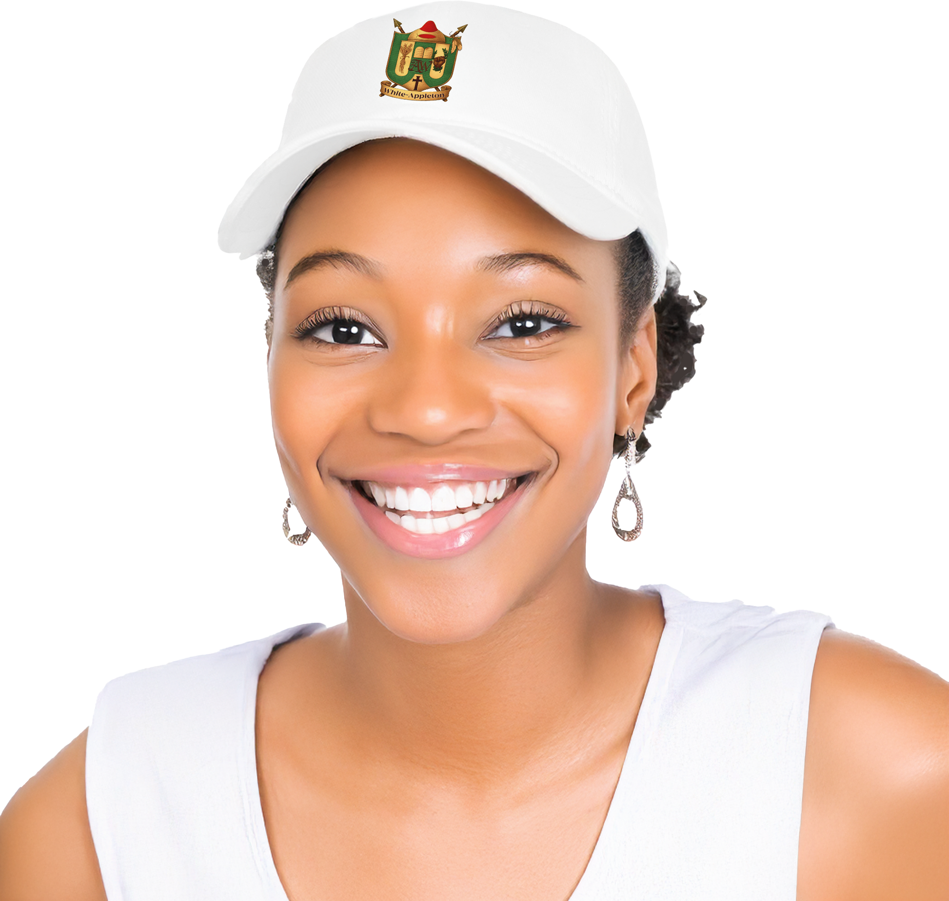 Female Model wearing a white 'White-Appleton Family Crest' baseball cap