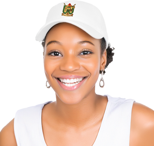 Female Model wearing a white 'White-Appleton Family Crest' baseball cap