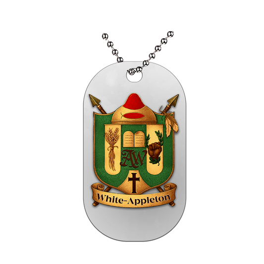 Dog tag necklace featuring the White-Appleton family crest, symbolizing heritage and strength.