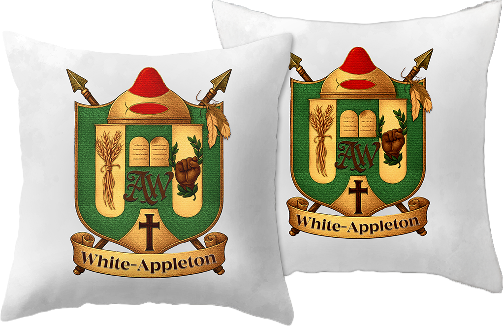 Set of two decorative pillows with the White-Appleton family crest, placed at each end of a couch or bed.
