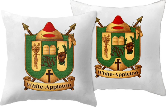 Set of two decorative pillows with the White-Appleton family crest, placed at each end of a couch or bed.