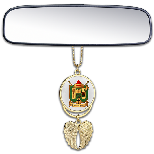 Gold winged car mirror pendant featuring the White-Appleton family crest, hanging from a rearview mirror.