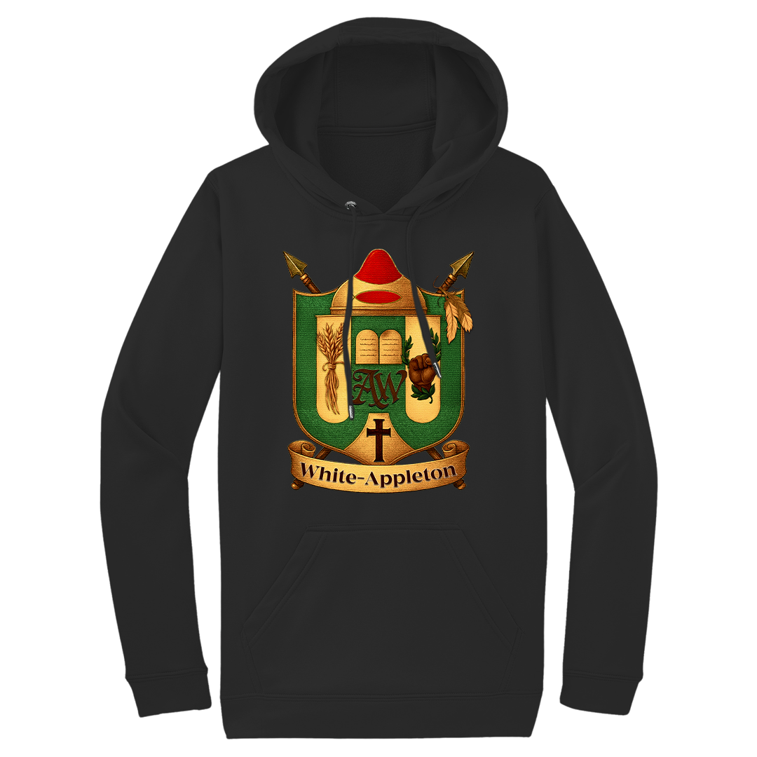 Black hoodie with White-Appleton family crest printed on the front, styled for heritage pride and everyday comfort.