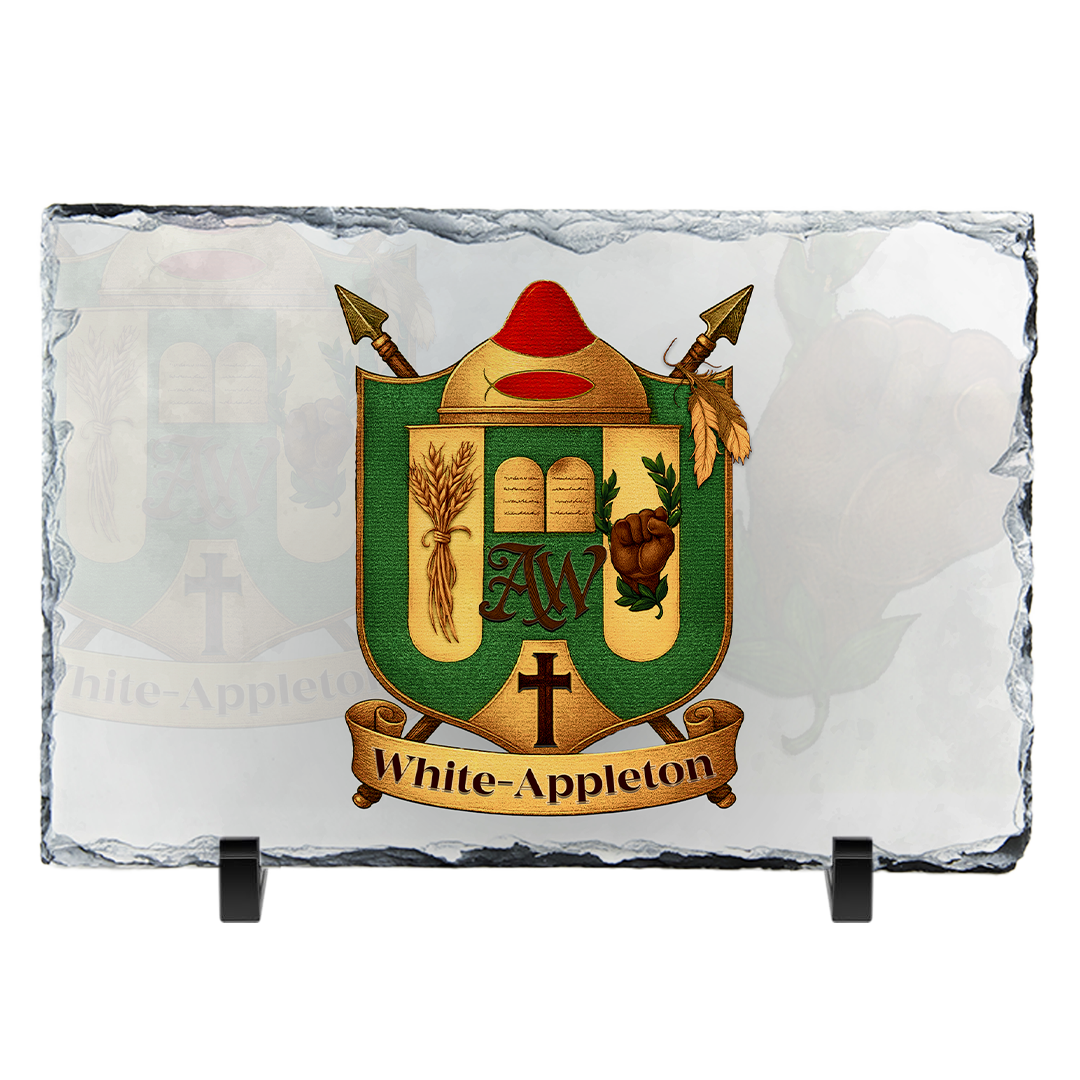 Decorative stone plaque with the 'White Appleton' Family Crest on the front