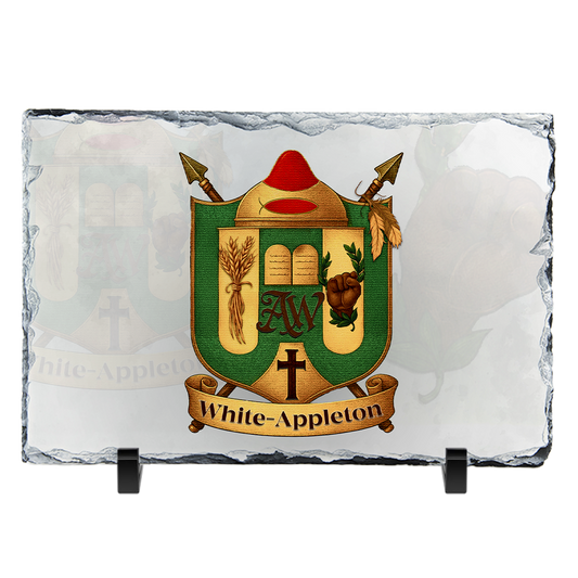 Decorative stone plaque with the 'White Appleton' Family Crest on the front