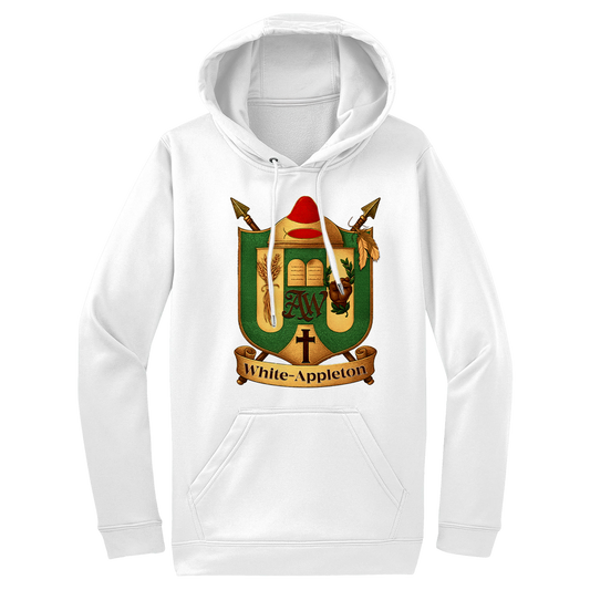 White hoodie featuring the White-Appleton family crest printed in bold detail on the front.