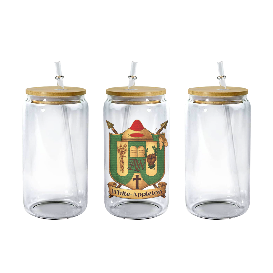 “Clear 16 oz Libbey glass jar with bamboo lid, reusable straw, and White-Appleton family crest design — transparent finish for a classic look.”