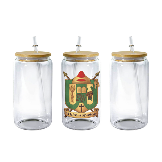 “Clear 16 oz Libbey glass jar with bamboo lid, reusable straw, and White-Appleton family crest design — transparent finish for a classic look.”