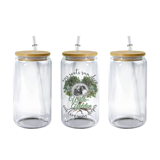 16 oz clear  Libbey jars with bamboo lids, printed with White-Appleton lineage photo and tree design.