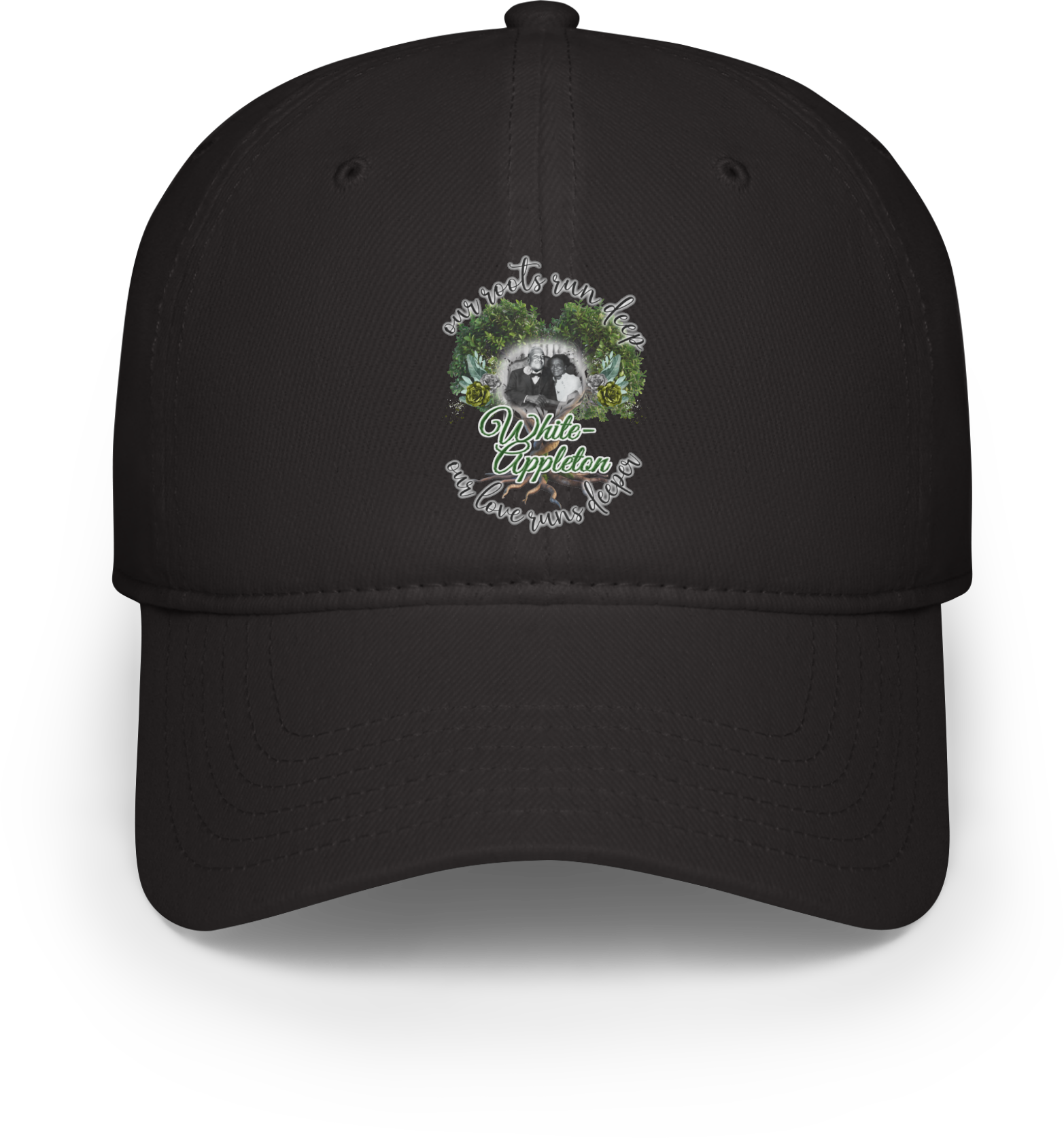 Black baseball cap with White-Appleton lineage photo of Marcellus and Theodosha framed by tree and roots design.