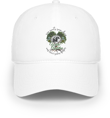 White baseball cap featuring image of Marcellus and Theodosha White with tree of life and family quote design.