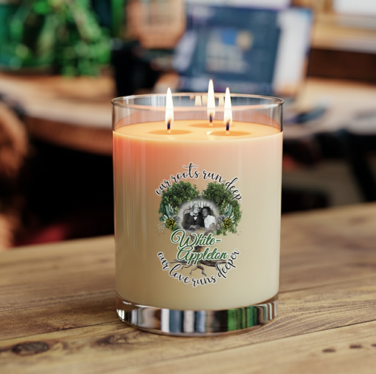 Clear 3-wick candle jar featuring White-Appleton lineage photo and decorative tree design.