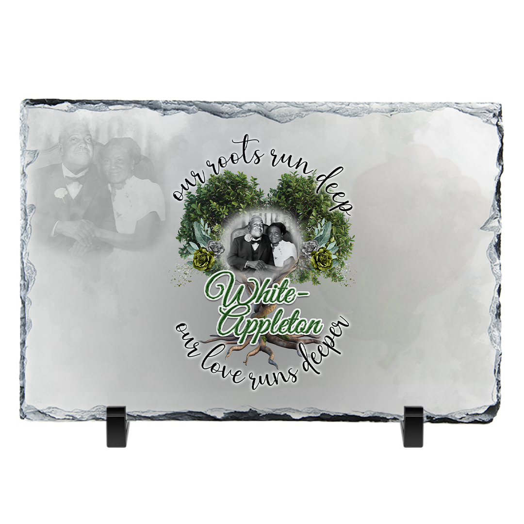Rectangular stone slate with White-Appleton couple photo, family tree design, and tribute message.