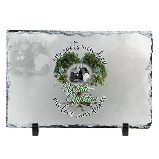 Rectangular stone slate with White-Appleton couple photo, family tree design, and tribute message.