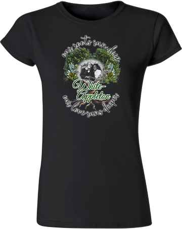 Fitted black ladies' t-shirt featuring White-Appleton lineage photo framed by a symbolic family tree and heritage message.