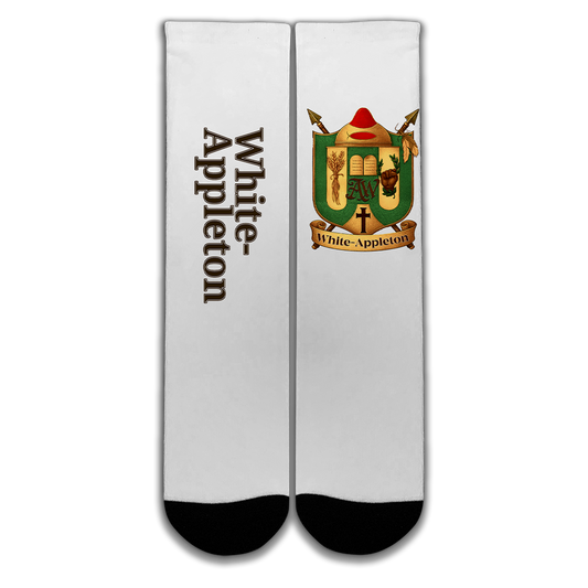White socks with black toe and White-Appleton family crest print.
