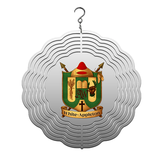 8-inch spinning ornament featuring the White-Appleton family crest, designed for outdoor or memorial display.
