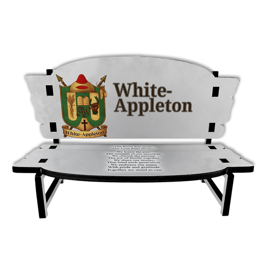 Decorative memorial bench with the White-Appleton family crest and engraved poem honoring family legacy.