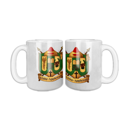 White ceramic coffee mug with White-Appleton crest.