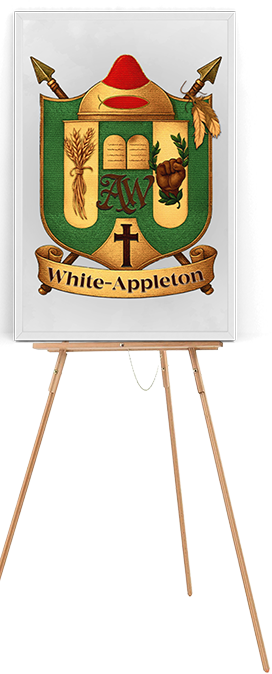 White-Appleton Family Crest 24x36 poster displayed on an easel stand, ideal for family reunions, memorials, or welcome displays.
