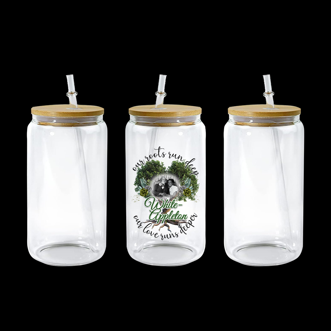 16 oz Frosted Libbey jars with bamboo lids, printed with White-Appleton lineage photo and tree design.