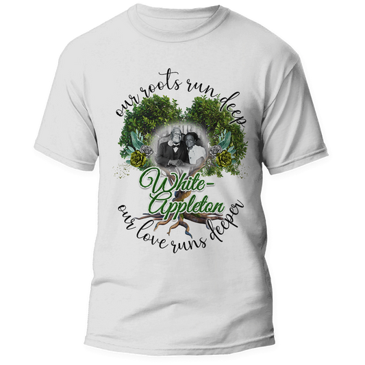 White sublimation t-shirt with center print of White-Appleton family photo and tree of life design"