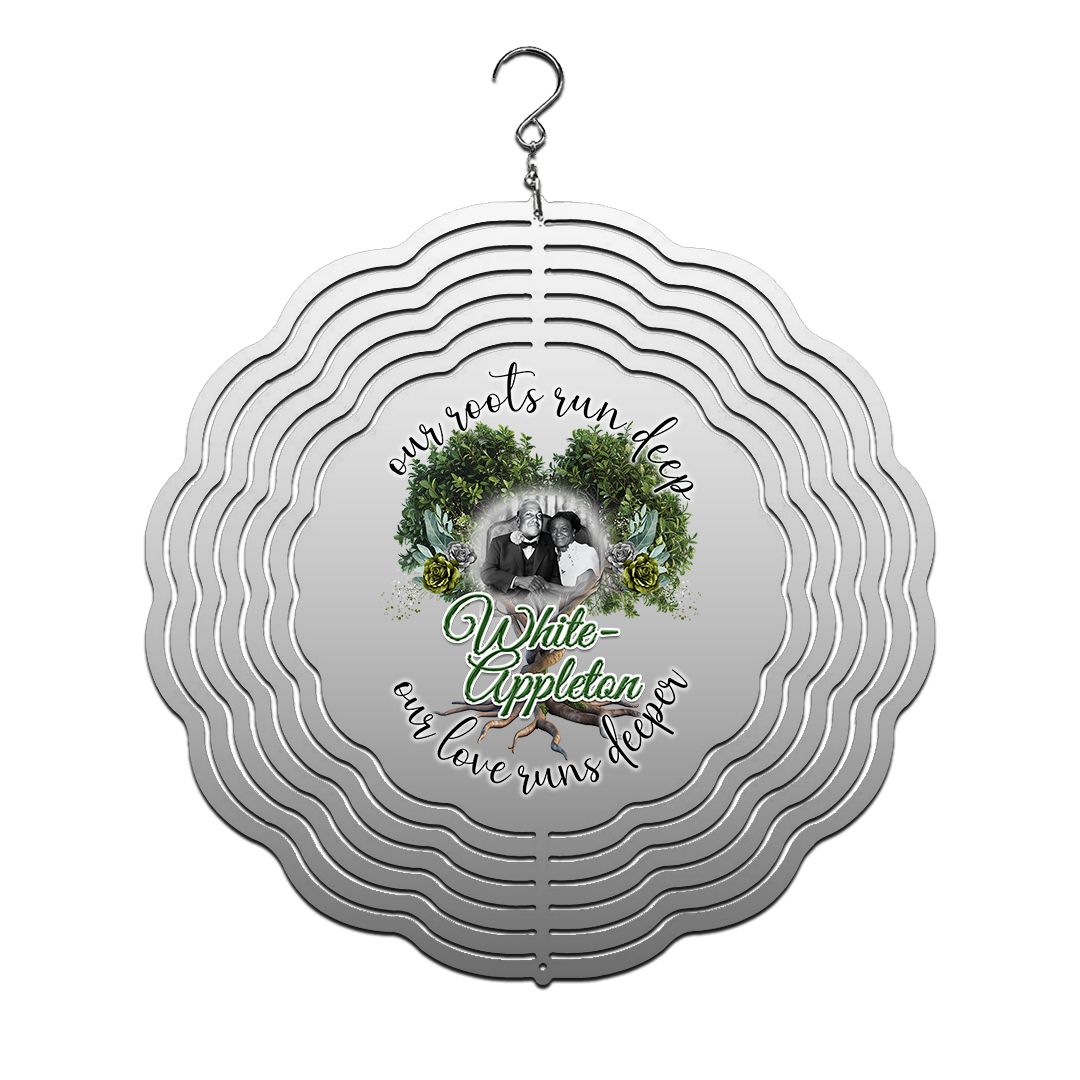 8-inch decorative wind spinner featuring White-Appleton family lineage image and tree design.