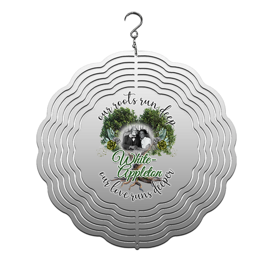 8-inch decorative wind spinner featuring White-Appleton family lineage image and tree design.