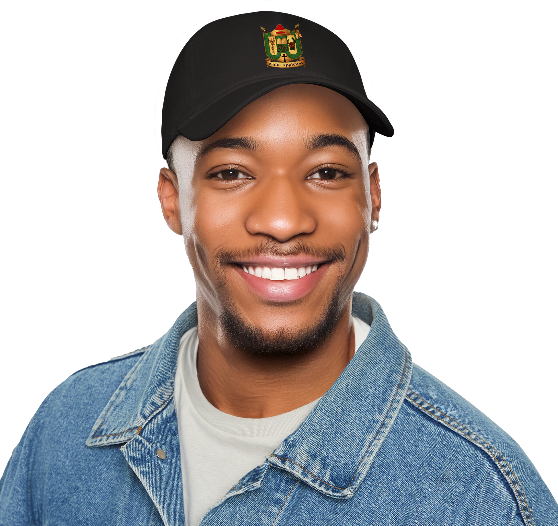 Male Model wearing a black 'White-Appleton Family Crest' baseball cap